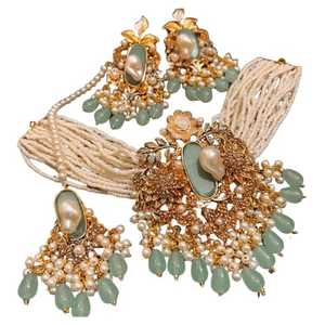 Magnifique collier Kundan indien asiatique en pierre légère serti de boucles d'oreilles Jhumki et collier Polki de bijoux Tikka - Product Image 1