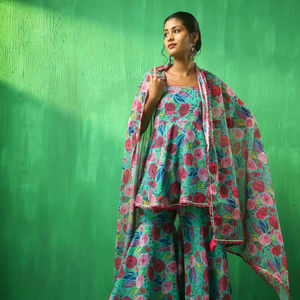 ชุดชาราราผ้าออร์แกนซ่าลายดอกไม้หลากสี ADAA ชุดลำลองสำหรับผู้หญิง ทรงพอดีตัวแบบธรรมชาติ ชุดชาราราทรงบาน - Product Image 5