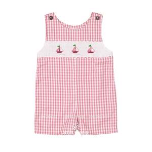 Jon Jon Barboteuse pour Bébé Garçons Rouge Vichy Voilier Smocké Classique Casual 100% Coton Bouton D'été Shortall Outfit ODM Tissé - Product Image 1