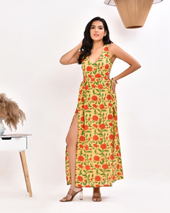 Vestido sin mangas con elástico en la espalda Cinturón en el cuello Vestido informal de algodón multicolor elegante para mujer - Product Image 4