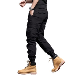 Mens Black Cargo Jogger Pants Mid Elastic Drawstring Multi Pocket Casual Outdoor Cotton Canvas Trousers Regular Fit Bottoms - Product Image 4