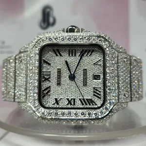 Luxury Unisex Stainless Steel Analog Iced Out VVS Clarity Moissanite Diamonds Hip Hop Wrist Watch Free Shipping