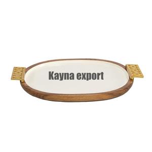 Plateau de service rond en bois d'acacia personnalisé avec poignée unique en métal doré Plateau de service décoratif en bois fait à la main Décor pour la maison et l'hôtel - Product Image 6