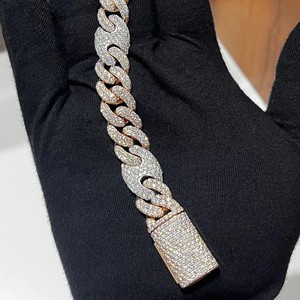 RB Gems 15mm 2 rangées plaqué or 14 carats VVS Moissanite Bracelet argent 925 glacé Moissanite Chaîne Style cubain Hip Hop Fine Charm - Product Image 1