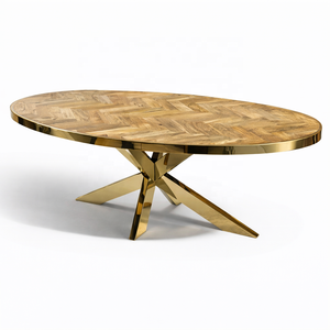 Handmade Solid Mango <b>Wood</b> Oval Dining <b>Table</b> | Herringbone <b>Top</b> Gold Metal Base | Modern Industrial Restaurant Furniture Akku Arts - Product Image 1