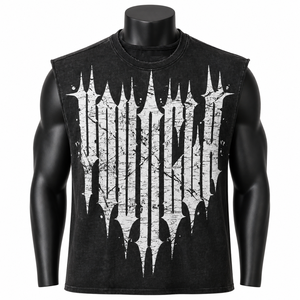 Camiseta sin mangas gótica con estampado gráfico para hombre, negra, con lavado ácido, de algodón, estilo urbano, tipo chaleco muscular, venta al por mayor personalizada - Product Image 1