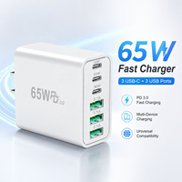 Chargeur rapide GaN 65W PD3.0, chargeur mural USB 6 ports, 3 Type-C + 3 USB-A, adaptateur secteur multi-ports, chargeur rapide pour iPhone Samsung