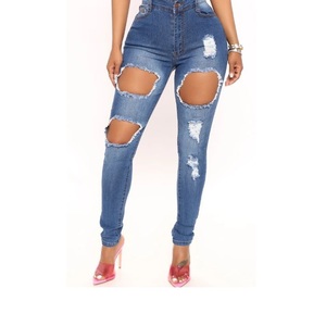 Pantalones vaqueros elásticos sexis rasgados ajustados de cintura alta rectos de mezclilla oscura sólida a la moda para mujer con diseño de agujero exportación BD - Product Image 5