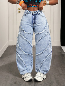 Jeans, pantalones anchos de mujer con flecos y patchwork, pantalones sueltos de cintura alta con lavado efecto nieve y caída al suelo - Product Image 1