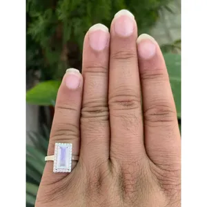 925 Silver Rainbow Moonstone Ring Dainty Geometric Gemstone Marquise Cut with Rhodium Plating Rhodium Set Engagement Ring - Product Image 3