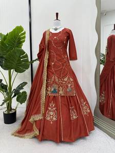 Anarkali Style Rich Party & Function Wear Gorgeous <b>Bright</b> Color Taffeta Silk Fabric <b>Top</b> & Salwar Lace Border Dupatta Set - Product Image 3