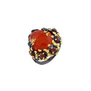 Bague en argent sterling massif 925 avec cornaline orange et pierres précieuses de qualité supérieure, faite à la main, incrustée de perles de diamants indiens, réglage fin - Product Image 2