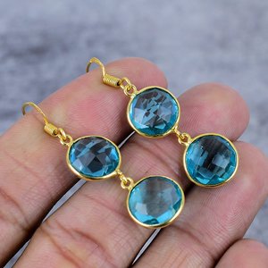 <b>Blue</b> <b>Topaz</b> Round Shape Gemstone 925 Sterling Silver Gold Plated Drop Dangle <b>Earrings</b> for Women Bridesmaid <b>Earrings</b> Gifts for Her - Product Image 4