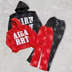 Conjunto Deportivo Unisex con Sudadera con Capucha y Logotipo, Pantalones Jogger con Efecto Desgastado y Bordado, Pantalones Acampanados con Lavado Ácido - Product Image 1