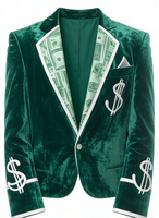 Costume de gangster vert en velours imprimé dollars pour homme, ensemble de costumes de luxe avec broderie signe dollar, comprenant veste et pantalon