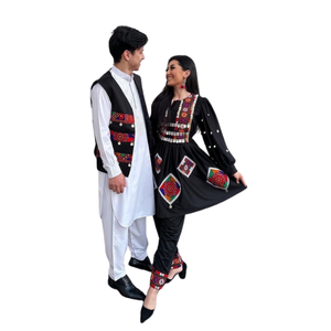 Afghan kutchi ชุดเดรสวินเทจแบบดั้งเดิมของชนเผ่า kuchi afghani ชุดคู่ทำด้วยมือปักเสื้อกั๊กผู้ชายผู้หญิง - Product Image 1
