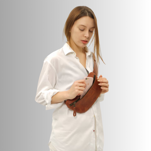 Sac banane en cuir véritable personnalisé de luxe vintage pour femmes avec fermeture à glissière marron bandoulière poitrine sac de taille - Product Image 4