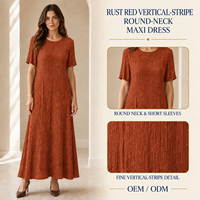 Robe longue trapèze personnalisée pour femme, rouge rouille, à fines rayures verticales, col rond, manches courtes, pour occasions de boutique, OEM ODM