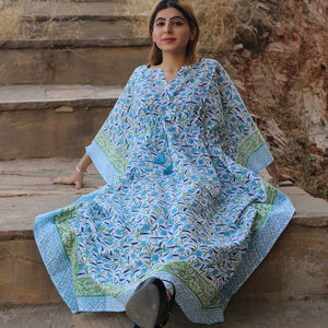 Caftán con estampado de bloques de mano de algodón 100% ecológico, cómodo, elegante, estampado Floral, elegante, borde, informal, ropa india, caftán - Product Image 1