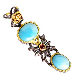 Haute qualité 925 argent Sterling pendentif fait main femmes naturel bleu ciel Larimar grenat pierre précieuse plaqué or bijoux fins cadeau - Product Image 1