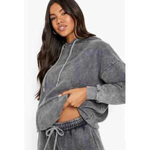 Conjunto de chándal de invierno lavado con ácido unisex-Pantalones de chándal acampanados de algodón transpirable con logotipo personalizado Sudadera con capucha a prueba de viento 2 uds XL de talla grande personalizada - Product Image 6