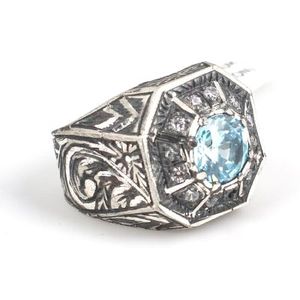 Men's 925 Sterling <b>Silver</b> Octagonal Aquamarine <b>Ring</b> Pen-Shaped with Zircon Stone Gift - Product Image 2