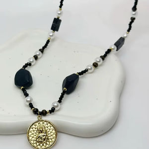 Verano esencial MOONRIVER mujer Acero inoxidable moda gargantilla estilo Simple Negro cuenta perla cobre collar religioso - Product Image 1