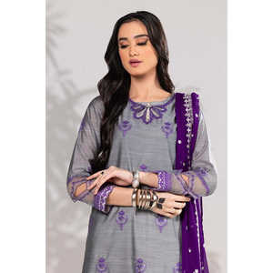 Conjunto de Traje de 3 Piezas para Mujer en Color Morado, de Algodón Slub con Bordado - Product Image 1