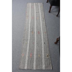 Alfombra Vintage Estilo Runner, Alfombra Turca de 2.2x8 pies, Alfombra de Lana Sólida Gris - Product Image 1