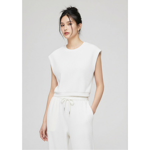 Conjunto de Pantalones Anchos de Cintura Alta por Encima de la Rodilla y Top Sin Mangas de Punto Acanalado para Mujer, Cómodo y Elástico, 100% Algodón - Product Image 1