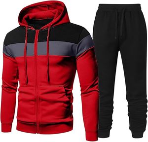 Survêtement personnalisé pour hommes Ensemble de sport 2 pièces avec votre logo Pantalon de jogging et sweat à capuche zippé à manches longues Patchwork Design - Product Image 2
