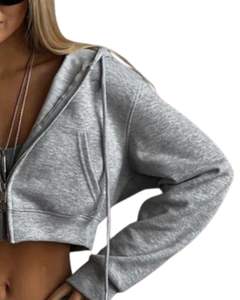 Customized <b>Women</b> <b>Grey</b> Crop <b>Zip</b> <b>Hoodie</b> Casual Long Sleeve Hooded Sweatshirt With Front Zipper Rib Cuff Fashion Winter Wear Top - Product Image 2
