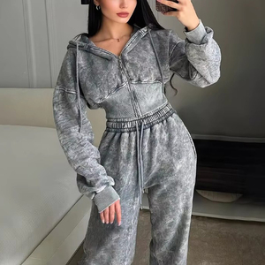 Customize Oem Logo Custom Sweatsuit Acid Wash <b>Women</b> Tracksuit Slim Fit Wide Leg <b>Pants</b> Pullover Cotton <b>Lounge</b> Wear tracksuits - Product Image 1