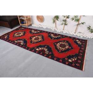 Vintage Turkish <b>Wool</b> Rug 4x9.7 ft <b>Red</b> Blue Patchwork Camouflage Design with Latex Backing - Product Image 3