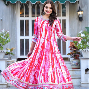 Conjuntos de vestido Anarkali Kurti, ropa de fiesta lista para mujer, elegante y cómoda, diseñador de tela de rayón bordado y teñido con lazo, estampado - Product Image 2