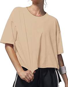 Hauts courts d'entraînement pour femmes décontracté à manches courtes épaule tombante Boxy rouleau ourlet basique Logo personnalisé lâche Yoga course T-Shirt pour hommes - Product Image 1