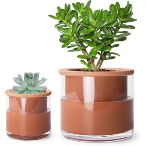 2023 Auto Rega Plantas Vasos Design Argila Vasos De Terracota para Plantas Cilindro Interior Terra Cotta Planter com Conjunto De Vaso De Vidro