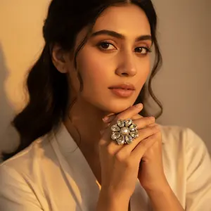 Women's <b>Vintage</b> <b>Gold</b>-Plated 925 Silver Cocktail <b>Ring</b> Multi-Gemstone Inlay with Oval Cut Diamonds Number Shape - Product Image 3