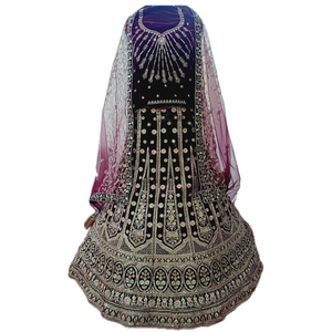 Vibrant Designer Lourd Broderie Velours Lehenga Ensemble Moderne D'été Style Long Choli Net Dupatta Butti Bordure Partie Prêt B2B - Product Image 6