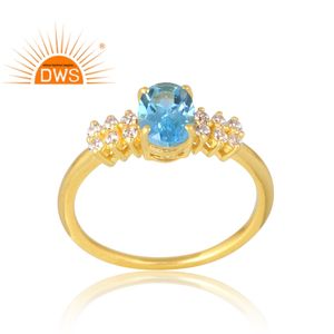 แหวนพลอย925ชุบทอง18K ชุบทอง18K แหวนพลอยบุษราคัมสีฟ้าเพชรสังเคราะห์จากธรรมชาติ - Product Image 1