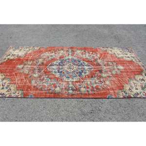 Tapis turc vintage de 4ft 5in X 8ft 9in tapis en laine à tissage plat Patchwork rouge et bleu avec support en Latex pour décorations de salon - Product Image 3