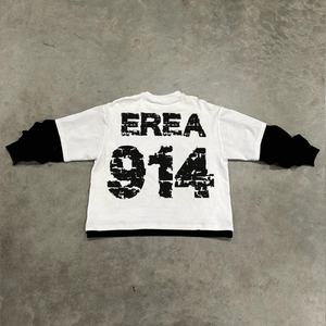 โลโก้พิมพ์แบบกําหนดเองวินเทจกรดล้างเย็บปะติดปะต่อกันแขนยาวเสื้อยืดขนาดใหญ่สองชั้น Unisex - Product Image 1