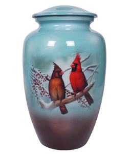 Urne funéraire pour cendres humaines en forme d'oiseaux cardinaux verts brillants - Product Image 1