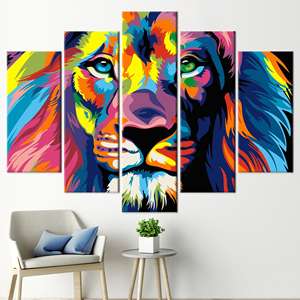 Elegant Colorful Lion <b>Canvas</b> Print, Modern Abstract Wall Art Decor,5P Mix:<b>Rolled</b> <b>Canvas</b> - Product Image 1