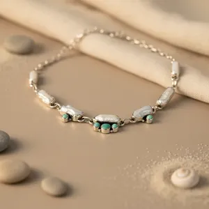 Collier en argent 925 avec perles et turquoise pour femmes, bijoux de mode classiques avec chaîne de perles d'ancre et de chiffres - Product Image 1