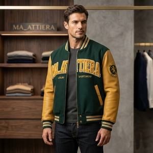 Veste pour homme MA_ATTIERA en cuir PU vert beige avec logo brodé, style preppy, fermeture éclair sur le devant, coupe classique, automne - Product Image 5