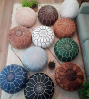 Pouf ottoman marocain traditionnel en cuir véritable de luxe argenté - Fait main, décoration pour hôtel et maison, chambre, salle à manger, atelier