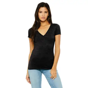 100% Airlume Combed dan Ring Spun Cotton 30 Single 4.2 Oz Dark Grey Heather Womens Jersey Lengan Pendek Deep V-Neck T-Shirts