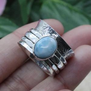 Anillo de Larimar de corte ovalado clásico de Plata de Ley 925 hecho a mano, piedras preciosas naturales, compromiso, aniversario, boda, bisel, anillos finos - Product Image 2