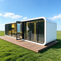 Cabane en conteneur préfabriquée moderne, maison capsule en verre trempé, structure métallique, écologique, durable, villa de glamping en plein air